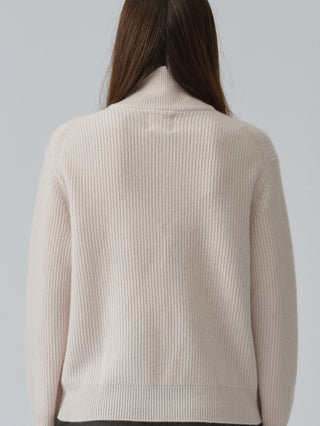 Off-White ribbed zip turtleneck jumper with a relaxed, slightly oversized fit, crafted from 100% Grade A Inner Mongolian cashmere