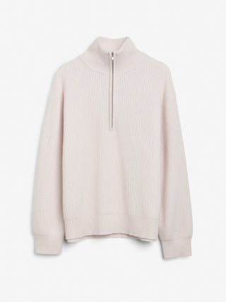 Off-White ribbed zip turtleneck jumper with a relaxed, slightly oversized fit, crafted from 100% Grade A Inner Mongolian cashmere