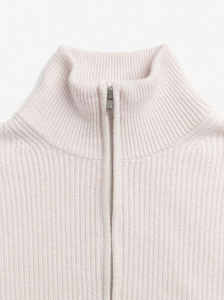 Off-White ribbed zip turtleneck jumper with a relaxed, slightly oversized fit, crafted from 100% Grade A Inner Mongolian cashmere