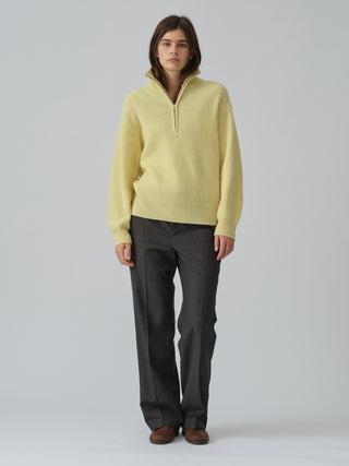 Soft yellow ribbed zip turtleneck jumper in 100% Grade A Inner Mongolian cashmere, featuring a high neck, half-zip design, and relaxed fit