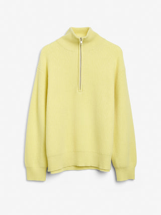 Soft yellow ribbed zip turtleneck jumper in 100% Grade A Inner Mongolian cashmere, featuring a high neck, half-zip design, and relaxed fit