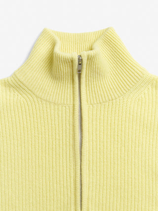 Soft yellow ribbed zip turtleneck jumper in 100% Grade A Inner Mongolian cashmere, featuring a high neck, half-zip design, and relaxed fit