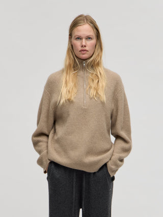 Premium Rib Zip Turtleneck - Toast