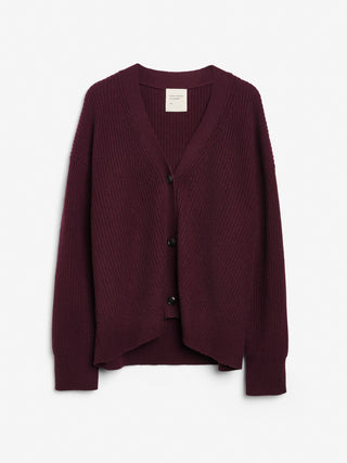 Bordeaux ribbed cashmere cardigan in 100% Grade A Inner Mongolian cashmere, with chunky texture, heavy rib detailing, and a relaxed, oversized fit