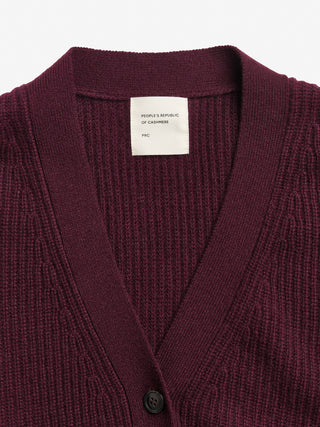 Bordeaux ribbed cashmere cardigan in 100% Grade A Inner Mongolian cashmere, with chunky texture, heavy rib detailing, and a relaxed, oversized fit