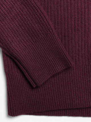 Bordeaux ribbed cashmere cardigan in 100% Grade A Inner Mongolian cashmere, with chunky texture, heavy rib detailing, and a relaxed, oversized fit