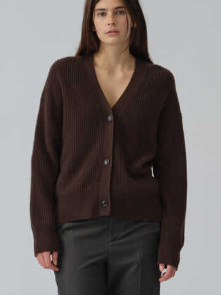 Dark brown ribbed cashmere cardigan in 100% Grade A Inner Mongolian cashmere, featuring a chunky knit texture, heavy rib detailing, and a relaxed, oversized fit