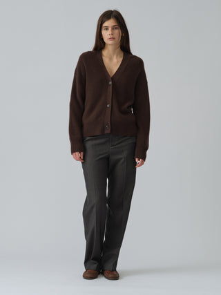 Dark brown ribbed cashmere cardigan in 100% Grade A Inner Mongolian cashmere, featuring a chunky knit texture, heavy rib detailing, and a relaxed, oversized fit