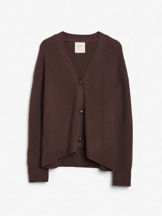 Dark brown ribbed cashmere cardigan in 100% Grade A Inner Mongolian cashmere, featuring a chunky knit texture, heavy rib detailing, and a relaxed, oversized fit