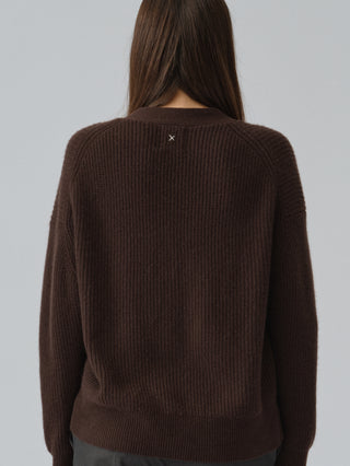Dark brown ribbed cashmere cardigan in 100% Grade A Inner Mongolian cashmere, featuring a chunky knit texture, heavy rib detailing, and a relaxed, oversized fit