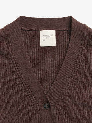 Dark brown ribbed cashmere cardigan in 100% Grade A Inner Mongolian cashmere, featuring a chunky knit texture, heavy rib detailing, and a relaxed, oversized fit