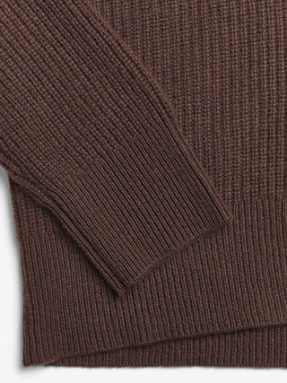 Dark brown ribbed cashmere cardigan in 100% Grade A Inner Mongolian cashmere, featuring a chunky knit texture, heavy rib detailing, and a relaxed, oversized fit
