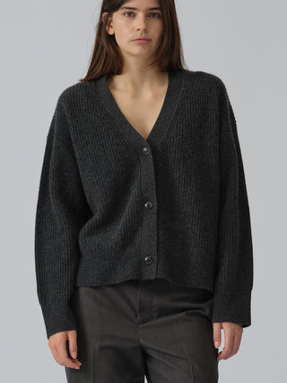 Premium Ribbed Cardigan in Dark Grey, knitted in 7-gauge cashmere with chunky rib detailing and a relaxed fit