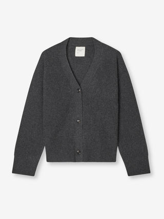 Premium Ribbed Cardigan in Dark Grey, knitted in 7-gauge cashmere with chunky rib detailing and a relaxed fit