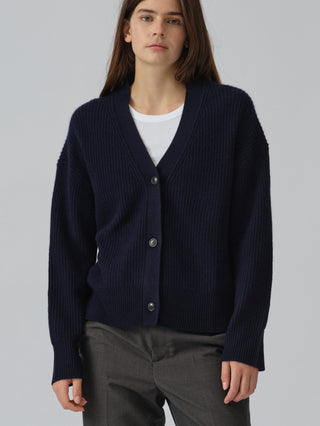 Premium Ribbed Cardigan in Navy Blue, knitted in 7-gauge cashmere with chunky rib detailing and a relaxed fit