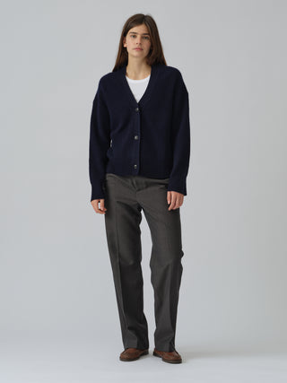 Premium Ribbed Cardigan in Navy Blue, knitted in 7-gauge cashmere with chunky rib detailing and a relaxed fit