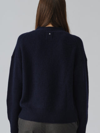 Premium Ribbed Cardigan in Navy Blue, knitted in 7-gauge cashmere with chunky rib detailing and a relaxed fit