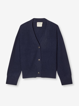 Premium Ribbed Cardigan in Navy Blue, knitted in 7-gauge cashmere with chunky rib detailing and a relaxed fit
