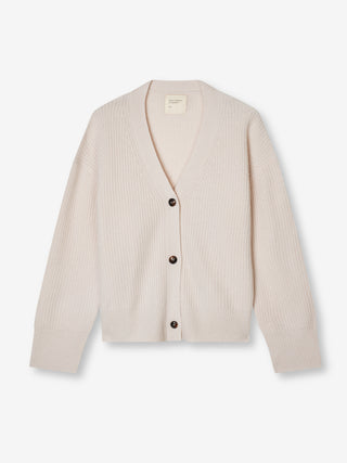 Premium Ribbed Cardigan in Off-White, knitted in 7-gauge cashmere with chunky rib detailing and a relaxed fit