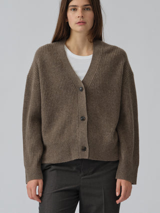 Truffle premium ribbed cardigan in 100% Grade A Inner Mongolian cashmere, chunky 7-gauge knit, featuring a relaxed oversized fit and heavy rib detail