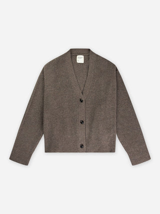 Truffle premium ribbed cardigan in 100% Grade A Inner Mongolian cashmere, chunky 7-gauge knit, featuring a relaxed oversized fit and heavy rib detail