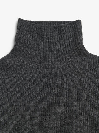 Dark Grey ribbed turtleneck jumper with a relaxed, slightly oversized fit, crafted from 100% Grade A Inner Mongolian cashmere