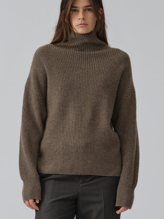 Truffle ribbed turtleneck jumper with a relaxed, slightly oversized fit, crafted from 100% Grade A Inner Mongolian cashmere