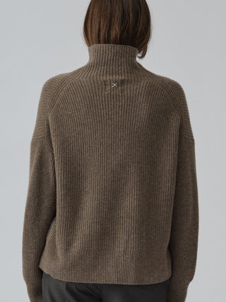 Truffle ribbed turtleneck jumper with a relaxed, slightly oversized fit, crafted from 100% Grade A Inner Mongolian cashmere