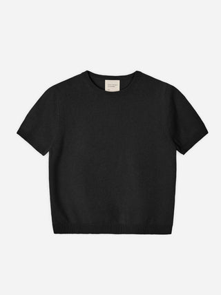 Black women's blouse knitted in 12-gauge 100% Grade A Inner Mongolian cashmere, featuring a cropped, boxy silhouette and short sleeves