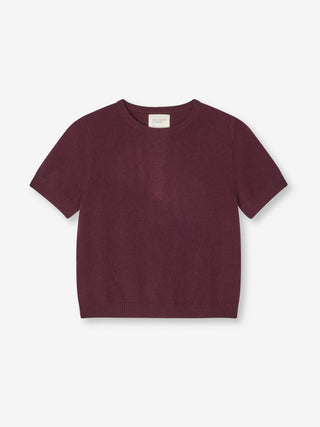 Women’s Blouse in Bordeaux, knitted in 12-gauge cashmere with a cropped boxy fit and short sleeves