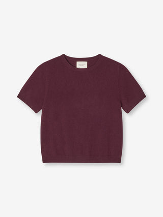 Women’s Blouse in Bordeaux, knitted in 12-gauge cashmere with a cropped boxy fit and short sleeves