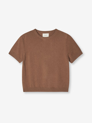 Women’s Blouse in Caramel, knitted in 12-gauge cashmere with a cropped boxy silhouette and short sleeves