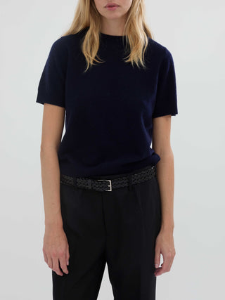 Navy blue women's blouse knitted in 12-gauge 100% Grade A Inner Mongolian cashmere, featuring a cropped, boxy silhouette and short sleeves