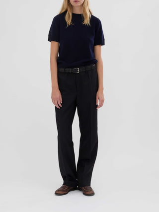 Navy blue women's blouse knitted in 12-gauge 100% Grade A Inner Mongolian cashmere, featuring a cropped, boxy silhouette and short sleeves