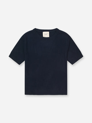 Navy blue women's blouse knitted in 12-gauge 100% Grade A Inner Mongolian cashmere, featuring a cropped, boxy silhouette and short sleeves