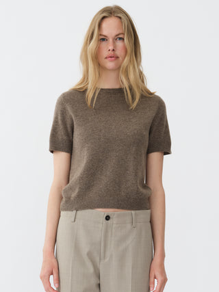 Womens Blouse in Truffle,  crafted from brushed 12-gauge cashmere with a clean neckline and contoured silhouette