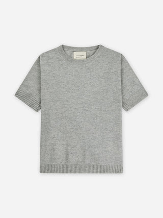 Ash grey women's blouse knitted in 12-gauge 100% Grade A Inner Mongolian cashmere, featuring a cropped, boxy silhouette and short sleeves