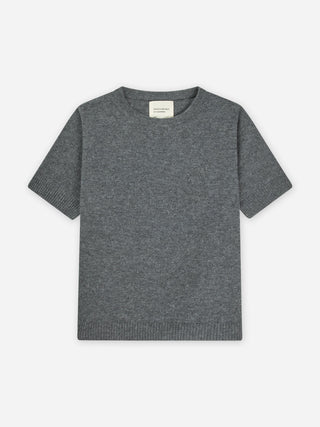 Heather grey women's blouse knitted in 12-gauge 100% Grade A Inner Mongolian cashmere, featuring a cropped, boxy silhouette and short sleeves