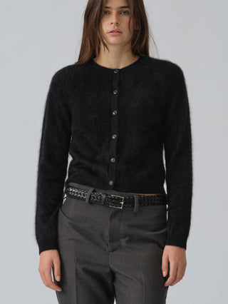 Women’s Brushed O-Cardigan in Black, crafted from brushed 12-gauge cashmere with a fitted silhouette and round neckline