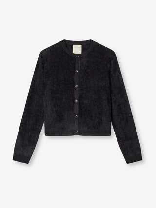 Women’s Brushed O-Cardigan in Black, crafted from brushed 12-gauge cashmere with a fitted silhouette and round neckline