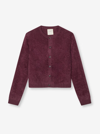 Women’s Brushed O-Cardigan in Bordeaux, crafted from brushed 12-gauge cashmere with a fitted silhouette and round neckline