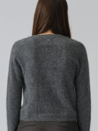 Women’s Brushed O-Cardigan in Heather Grey, crafted from brushed 12-gauge cashmere with a fitted silhouette and round neckline