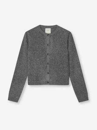 Women’s Brushed O-Cardigan in Heather Grey, crafted from brushed 12-gauge cashmere with a fitted silhouette and round neckline