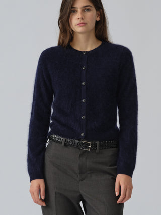 Women’s Brushed O-Cardigan in Navy Blue, crafted from brushed 12-gauge cashmere with a fitted silhouette and round neckline