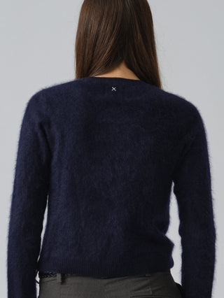 Women’s Brushed O-Cardigan in Navy Blue, crafted from brushed 12-gauge cashmere with a fitted silhouette and round neckline