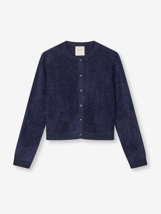 Women’s Brushed O-Cardigan in Navy Blue, crafted from brushed 12-gauge cashmere with a fitted silhouette and round neckline