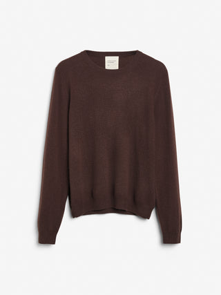 Dark brown classic roundneck sweater in 100% Grade A cashmere, featuring a regular fit, round neckline, and slightly dropped shoulders