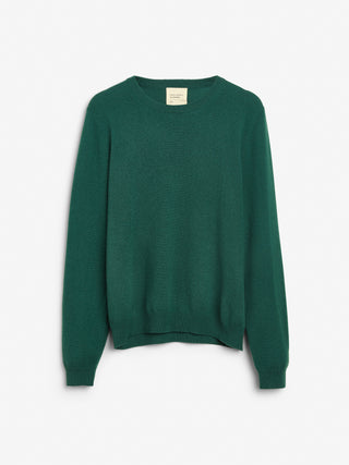 Forest green classic roundneck sweater in 100% Grade A cashmere, featuring a regular fit, round neckline, and slightly dropped shoulders