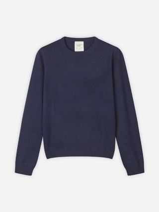 Navy blue women's classic roundneck sweater knitted in 12-gauge 100% Grade A Inner Mongolian cashmere, featuring a regular fit and slightly dropped shoulders