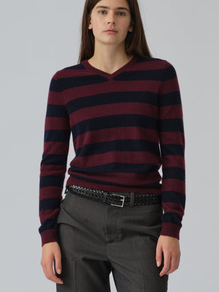 Navy blue and Bordeaux striped fitted V-neck cashmere sweater with wide stripes, clean neckline, and a flattering 90s-inspired silhouette in 100% Grade A cashmere